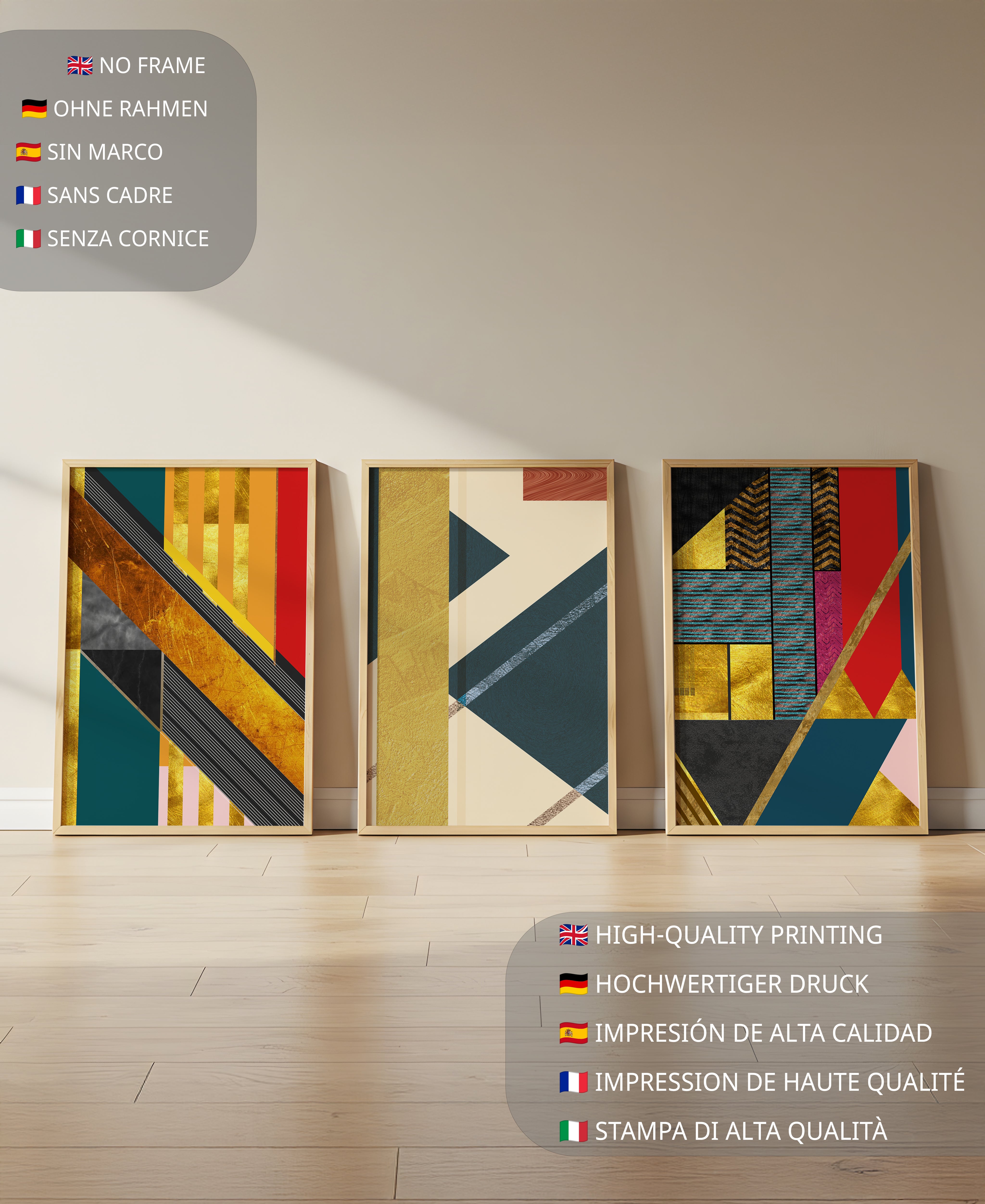 Ensemble de trois toiles abstraites géométriques aux couleurs vives et éléments dorés