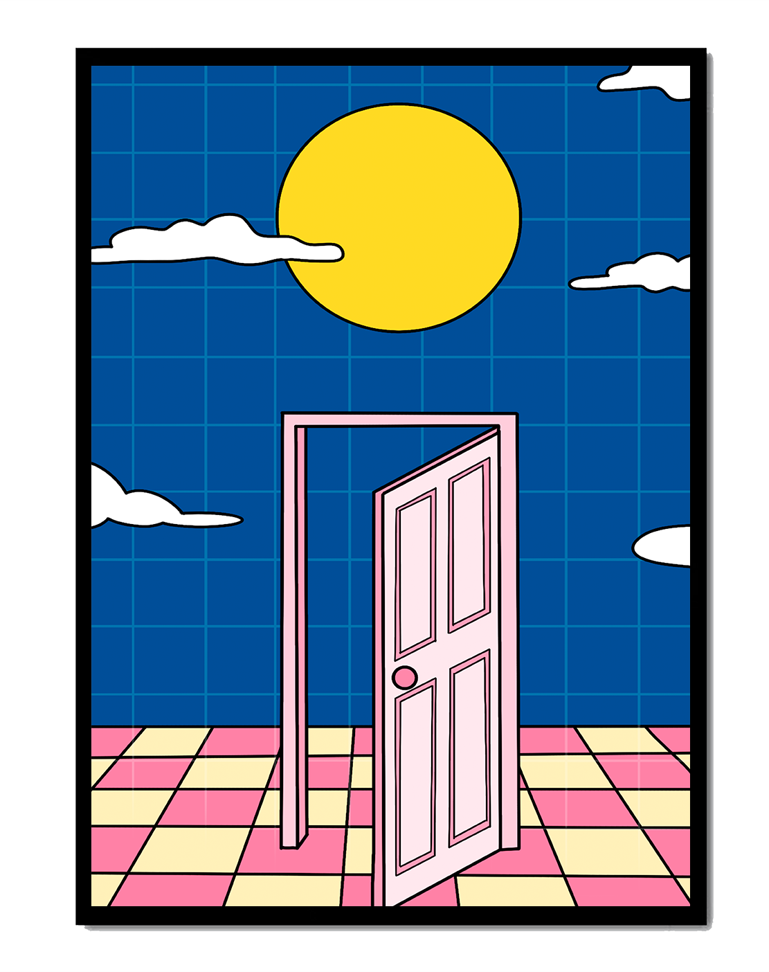 Surreal doorway with pink door under yellow sun and blue sky