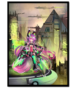 Cyberpunk-Anime-Figur im futuristischen Stadtbild 