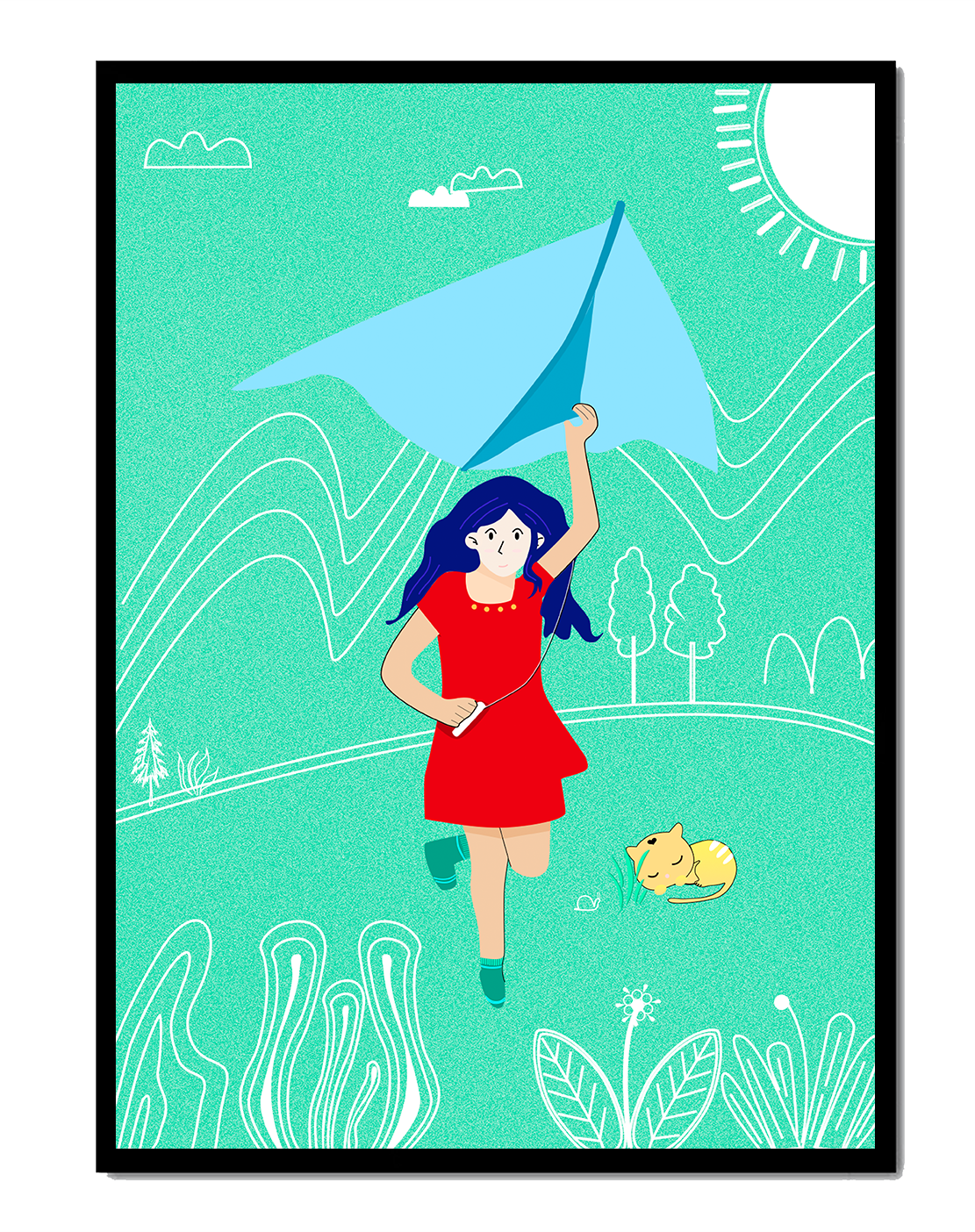 Illustration of a girl with a kite in a whimsical landscape