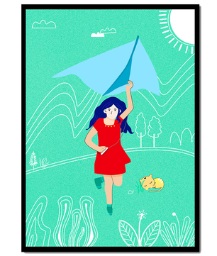 Illustration d'une fille avec un cerf-volant dans un paysage fantaisiste