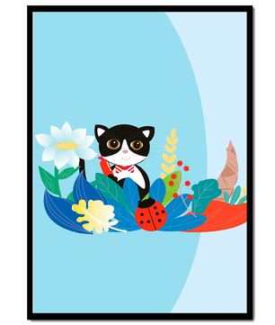 Ilustración de un gato con mariquita y flores sobre fondo azul claro
