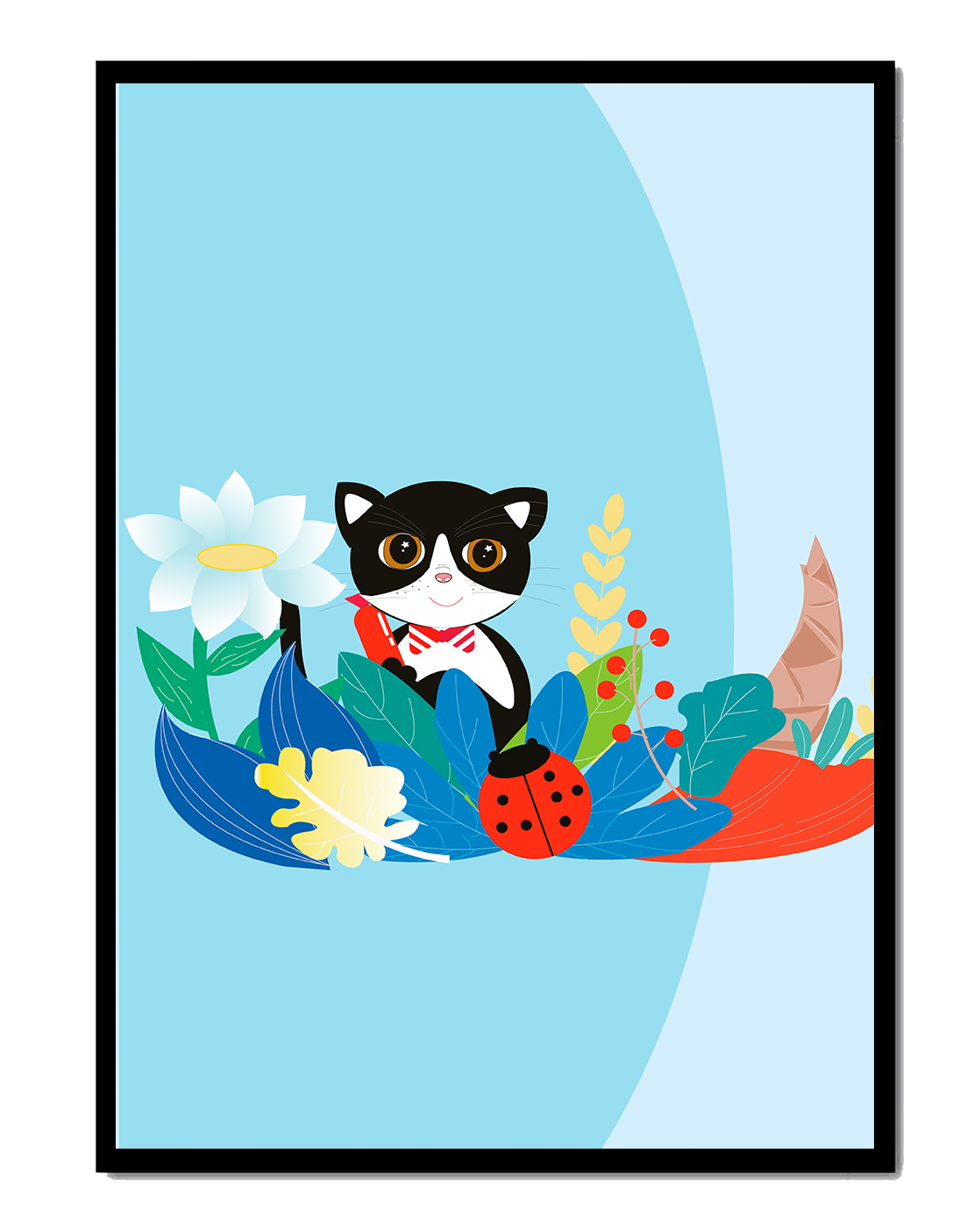 Ilustración de un gato con mariquita y flores sobre fondo azul claro