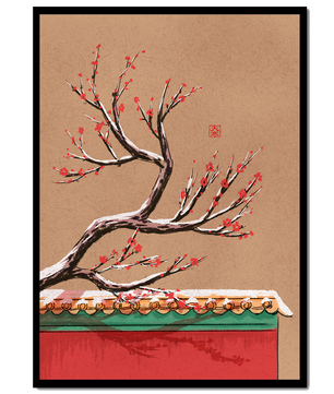 Illustration of blooming plum branch over traditional rooftop
