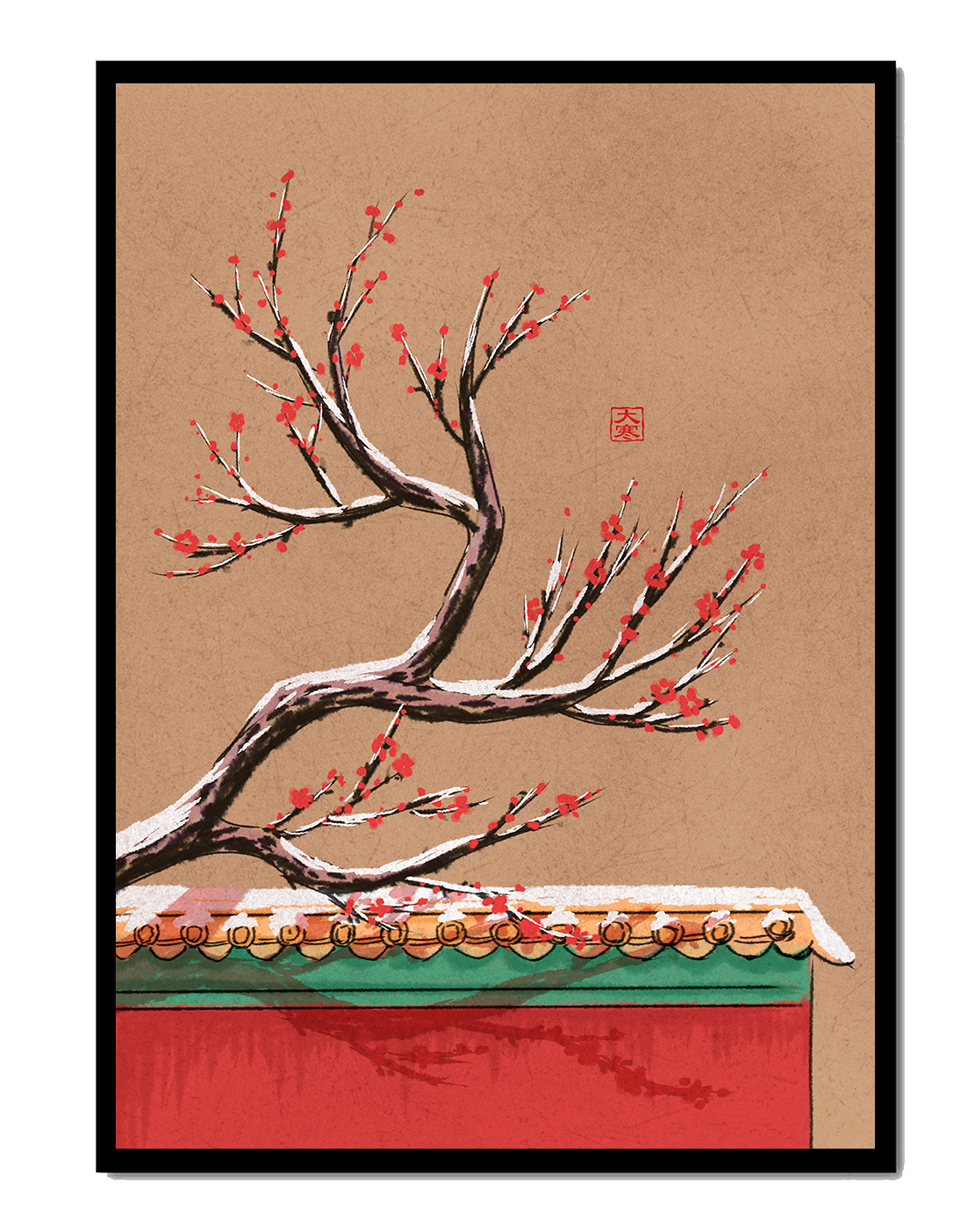 Illustration of blooming plum branch over traditional rooftop