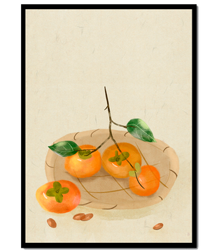 Still Life with Persimmons and Branch on a Neutral Background