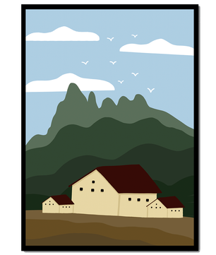 Paisaje minimalista de montaña con casas y pájaros en el cielo