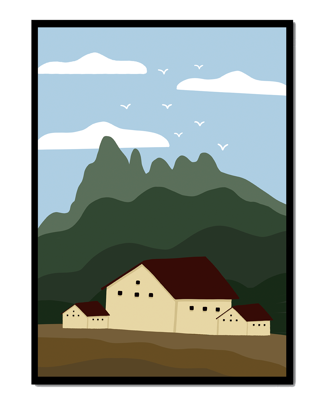 Paisaje minimalista de montaña con casas y pájaros en el cielo