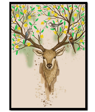 Majestic deer with blooming antlers and birds illustration - Mi tienda