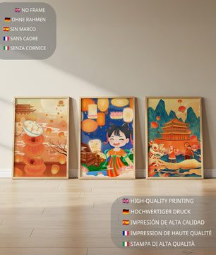 Triptyque d'art asiatique sur le thème des lanternes et de la culture traditionnelle