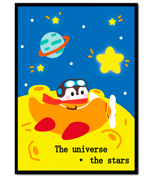 Colorful cartoon airplane with stars and planets in space