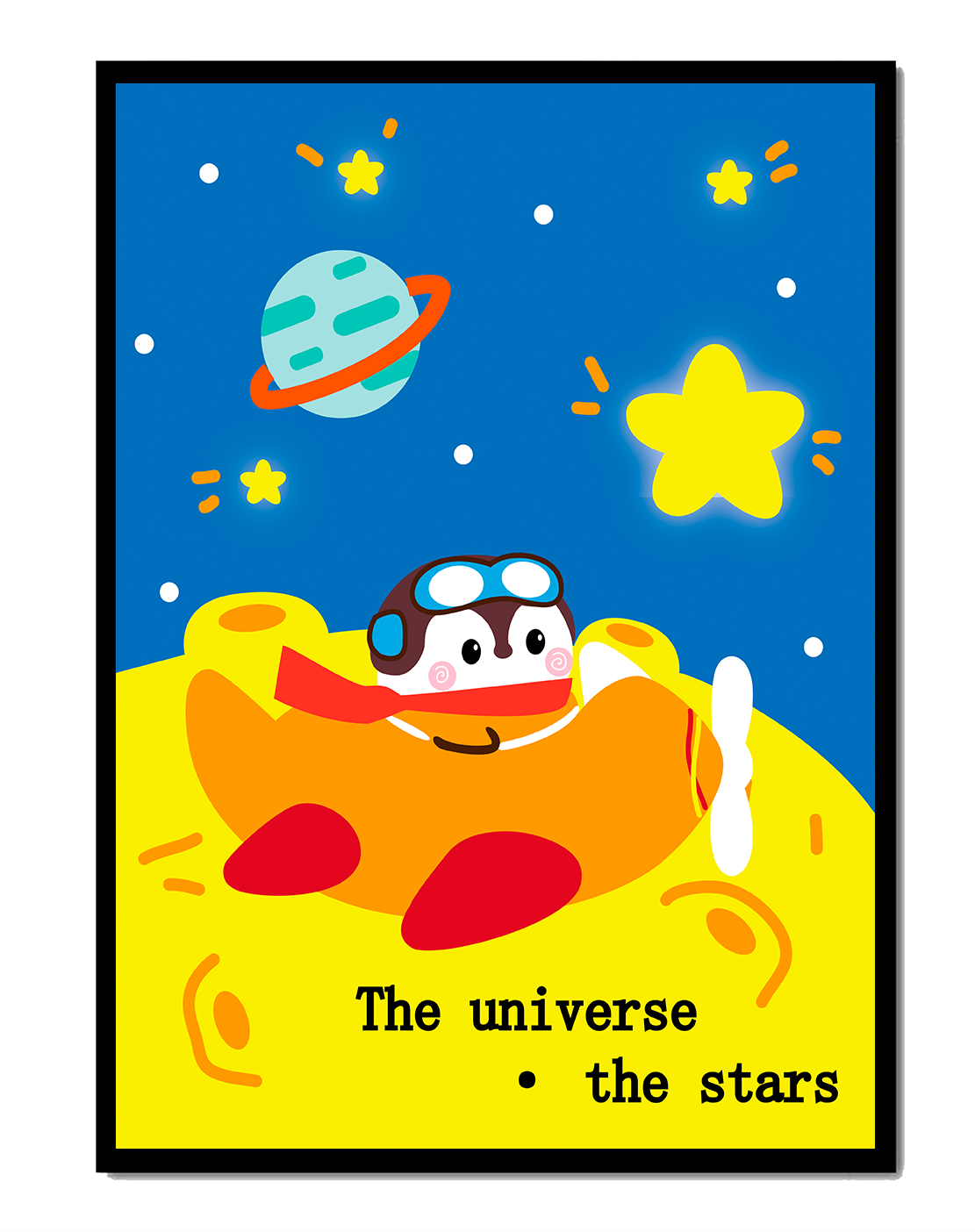 Colorful cartoon airplane with stars and planets in space