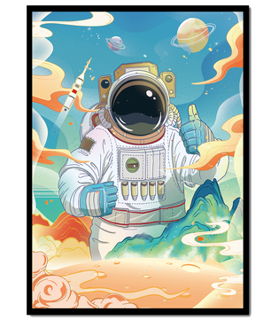 Colorful illustration of an astronaut in space with planets and rocket