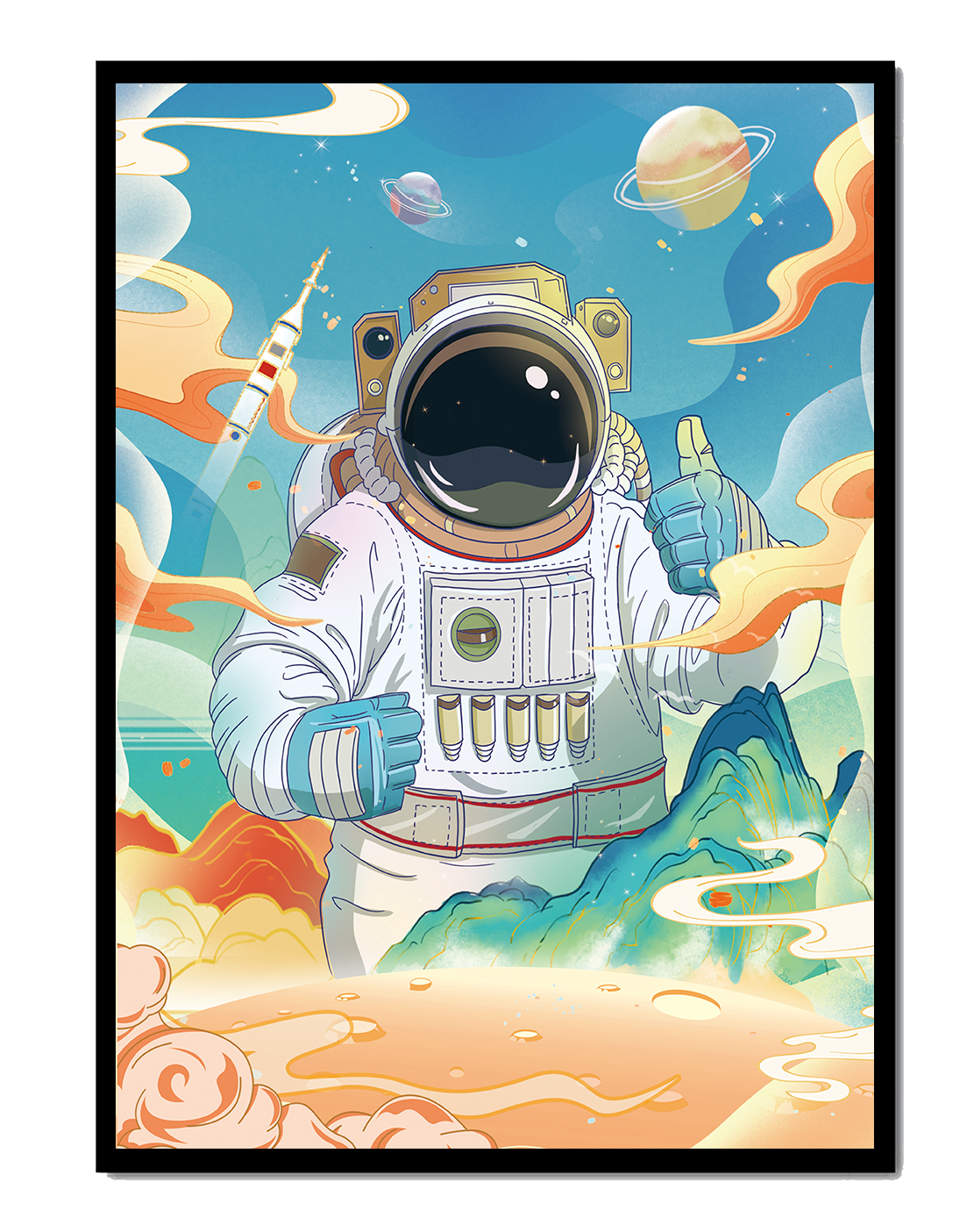 Colorful illustration of an astronaut in space with planets and rocket