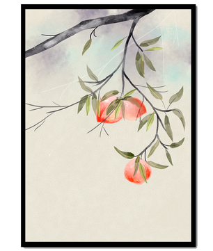 Peaceful Botanical Illustration of Branches with Leaves and Peaches - Mi tienda