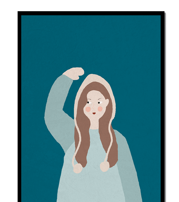 Illustrated girl with hoodie on teal background