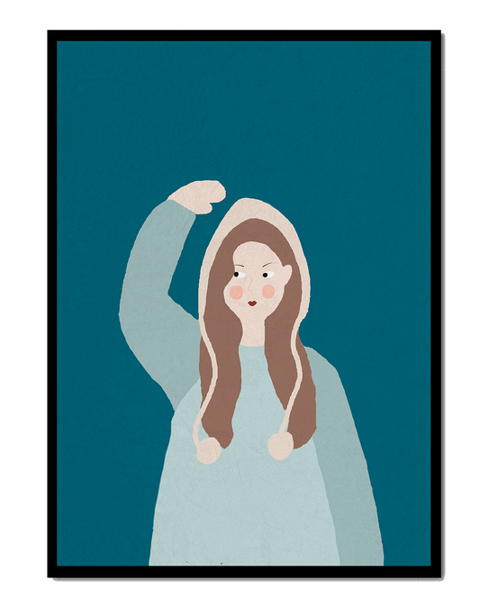 Illustrated girl with hoodie on teal background