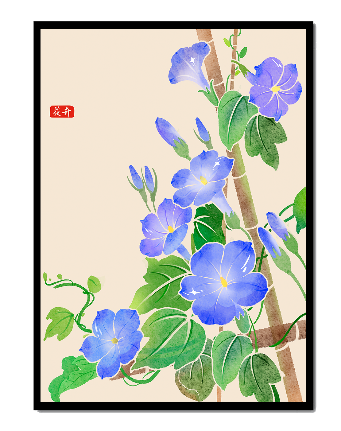Obra floral delicada con glorias matutinas azules vibrantes