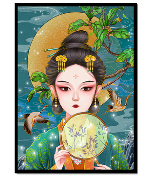 Elegante representación de una mujer con atuendo tradicional sosteniendo un abanico decorativo
