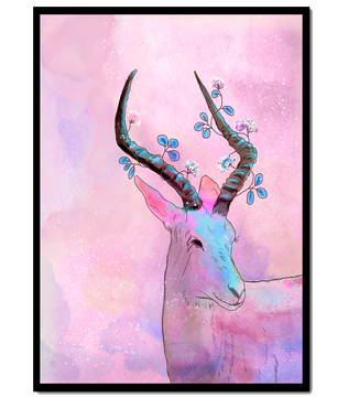 Pastel watercolor illustration of antelope with floral horns