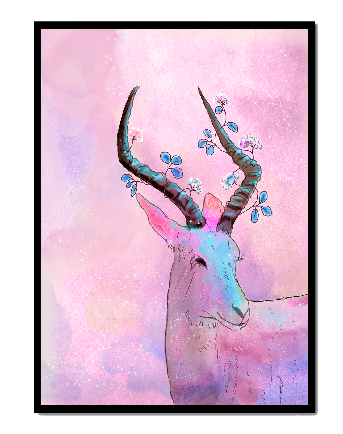 Pastel watercolor illustration of antelope with floral horns