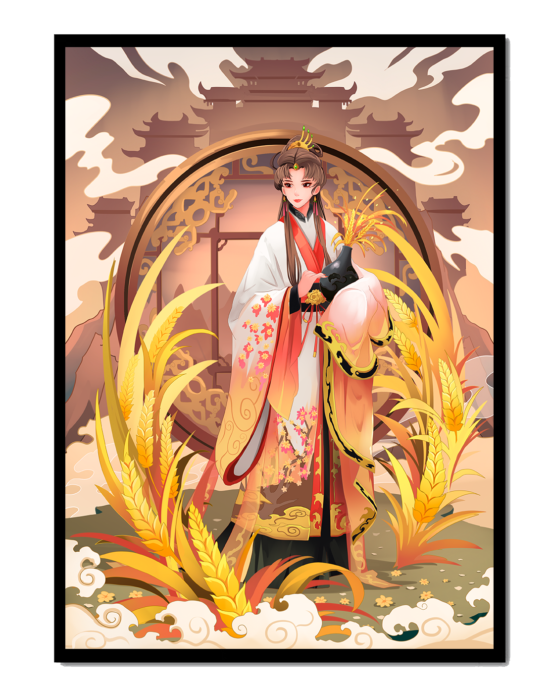Elegant woman in traditional attire amidst golden wheat field and oriental architecture