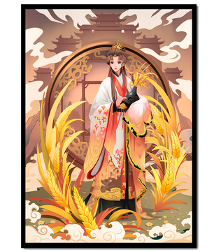 Elegant woman in traditional attire amidst golden wheat field and oriental architecture