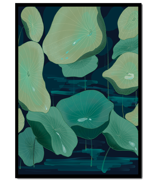 Green lily pads on a dark water background illustration