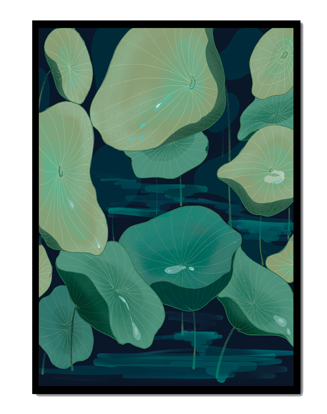 Green lily pads on a dark water background illustration