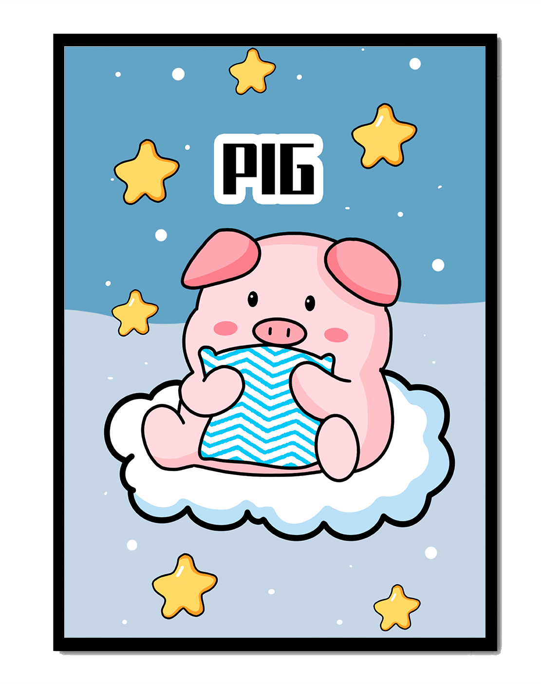 Cartoon pig on cloud with stars and blue background