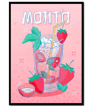 Ilustración de un mojito de fresa con fondo rosa vibrante y diseño juguetón