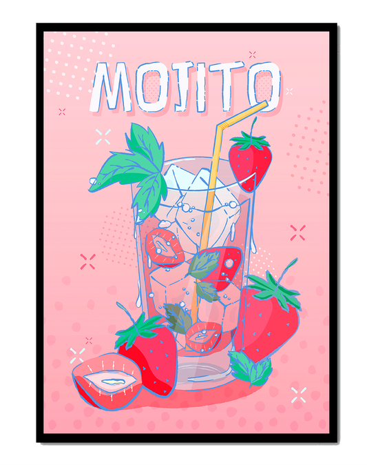 Illustration of a strawberry mojito with vibrant pink background and playful design