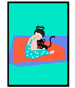 Gemütliche Illustration eines Mädchens, das eine Katze auf einer bunten Matte umarmt