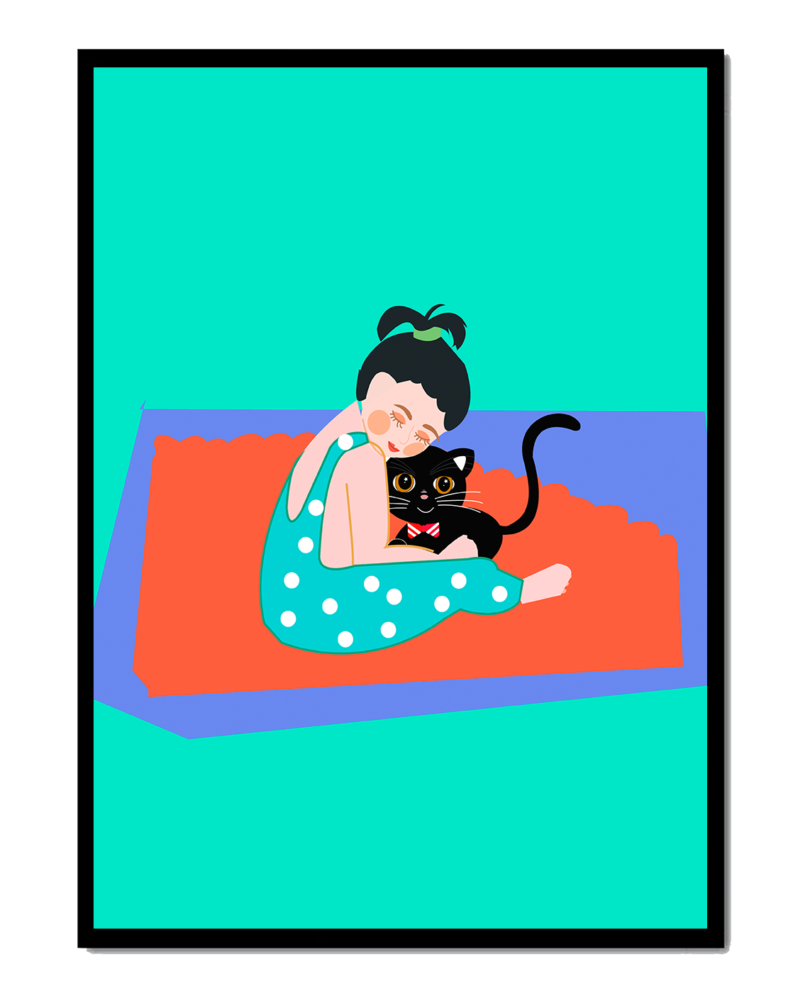 Gemütliche Illustration eines Mädchens, das eine Katze auf einer bunten Matte umarmt