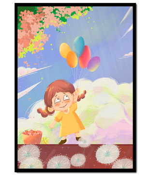 Whimsical illustration of a girl with balloons under vibrant pink blossoms