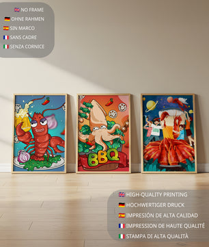 Illustrations amusantes de fruits de mer sur le thème de l’espace et du barbecue