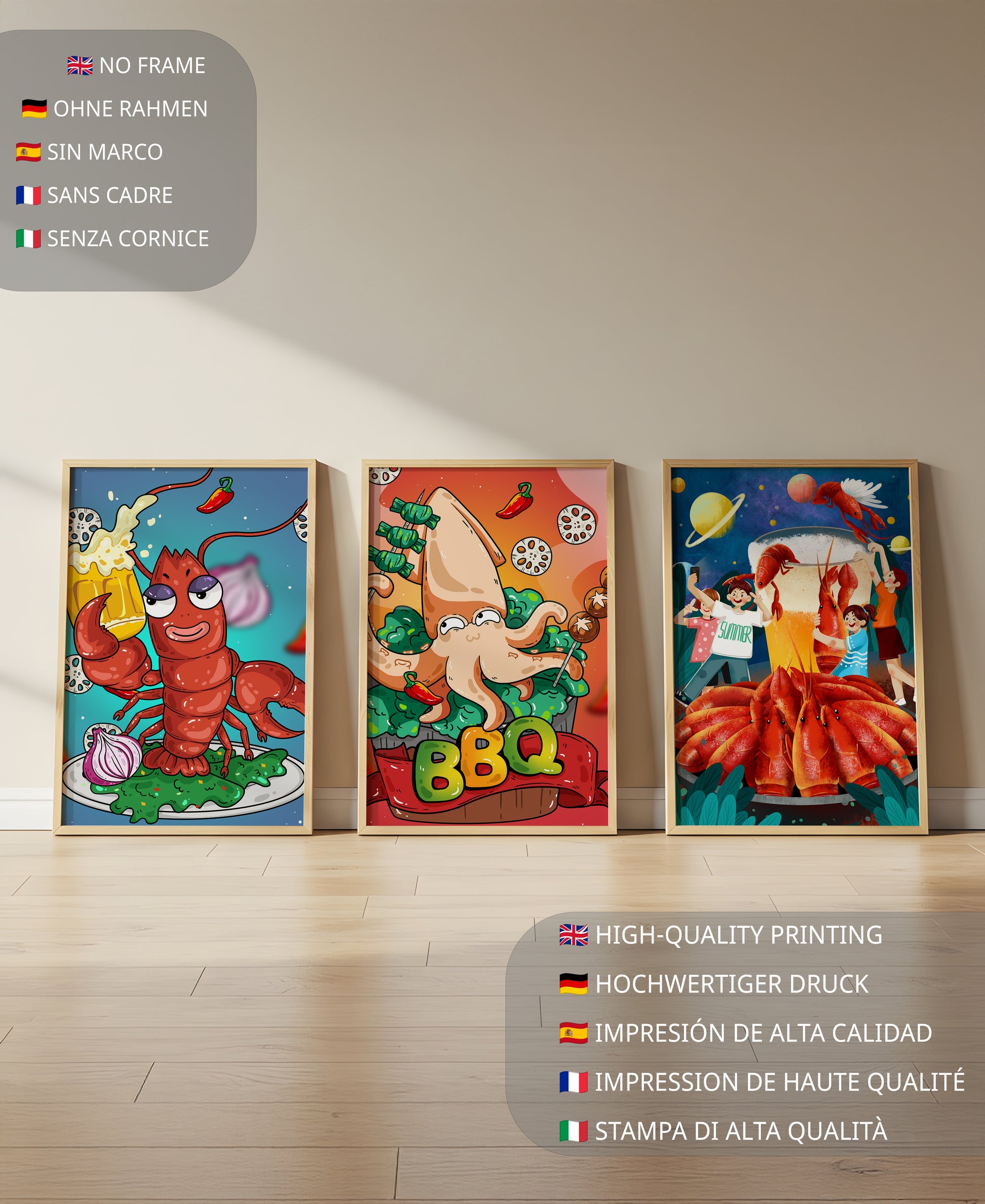 Illustrations amusantes de fruits de mer sur le thème de l’espace et du barbecue