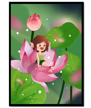 Charming fairy sitting on a blooming pink lotus in a magical garden