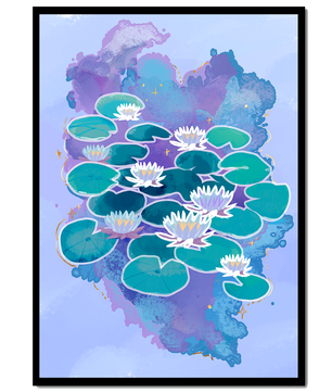 Serene aquatic scene with water lilies on abstract colorful background