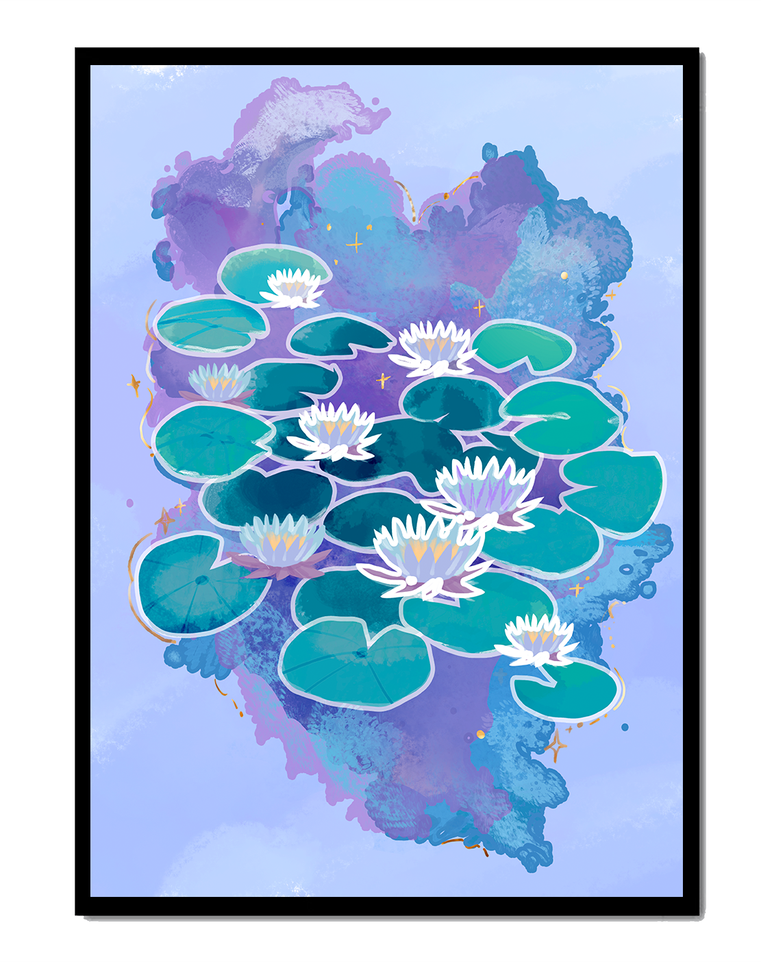 Serene aquatic scene with water lilies on abstract colorful background