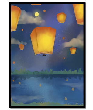 Lanterns Floating in Night Sky over Reflective Lake