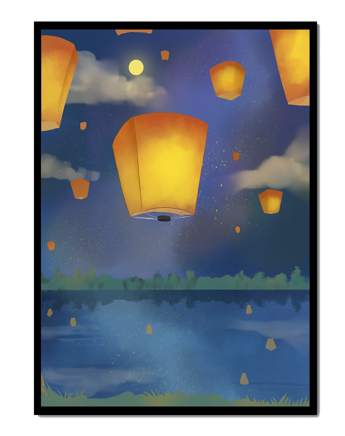 Lanterns Floating in Night Sky over Reflective Lake