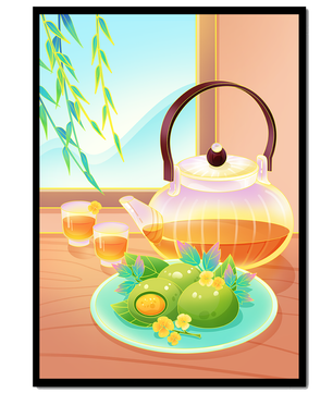 Tea set with green treats and bamboo leaves in serene setting