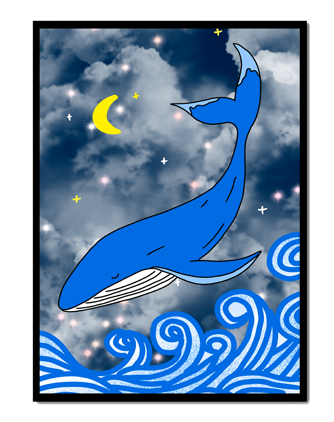 Whimsical blue whale in a starry night ocean scene