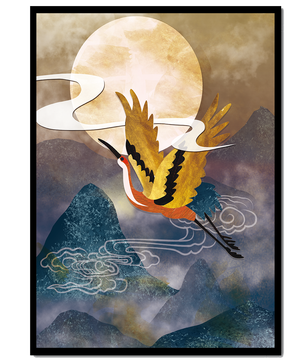 Majestic Gold-Crimson Crane Flying Over Misty Mountains in Moonlight