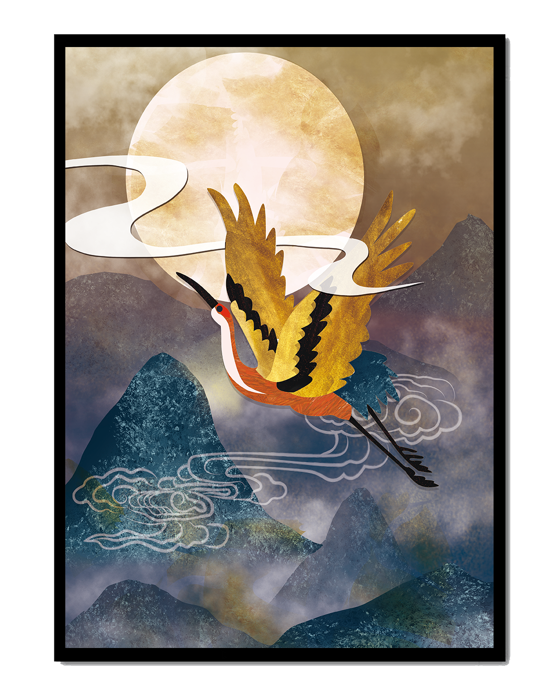 Majestic Gold-Crimson Crane Flying Over Misty Mountains in Moonlight