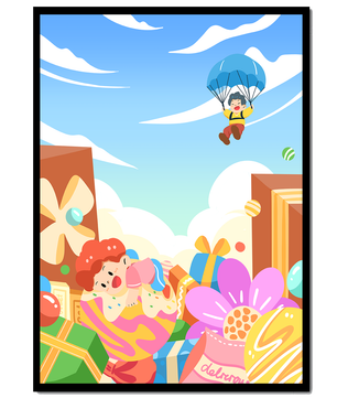 Colorful illustration with presents and children playing under a blue sky
