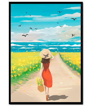 Mujer con vestido rojo caminando por el campo bajo un cielo azul claro