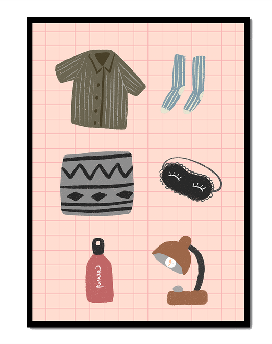 Cozy essentials collection with home and sleep items illustration