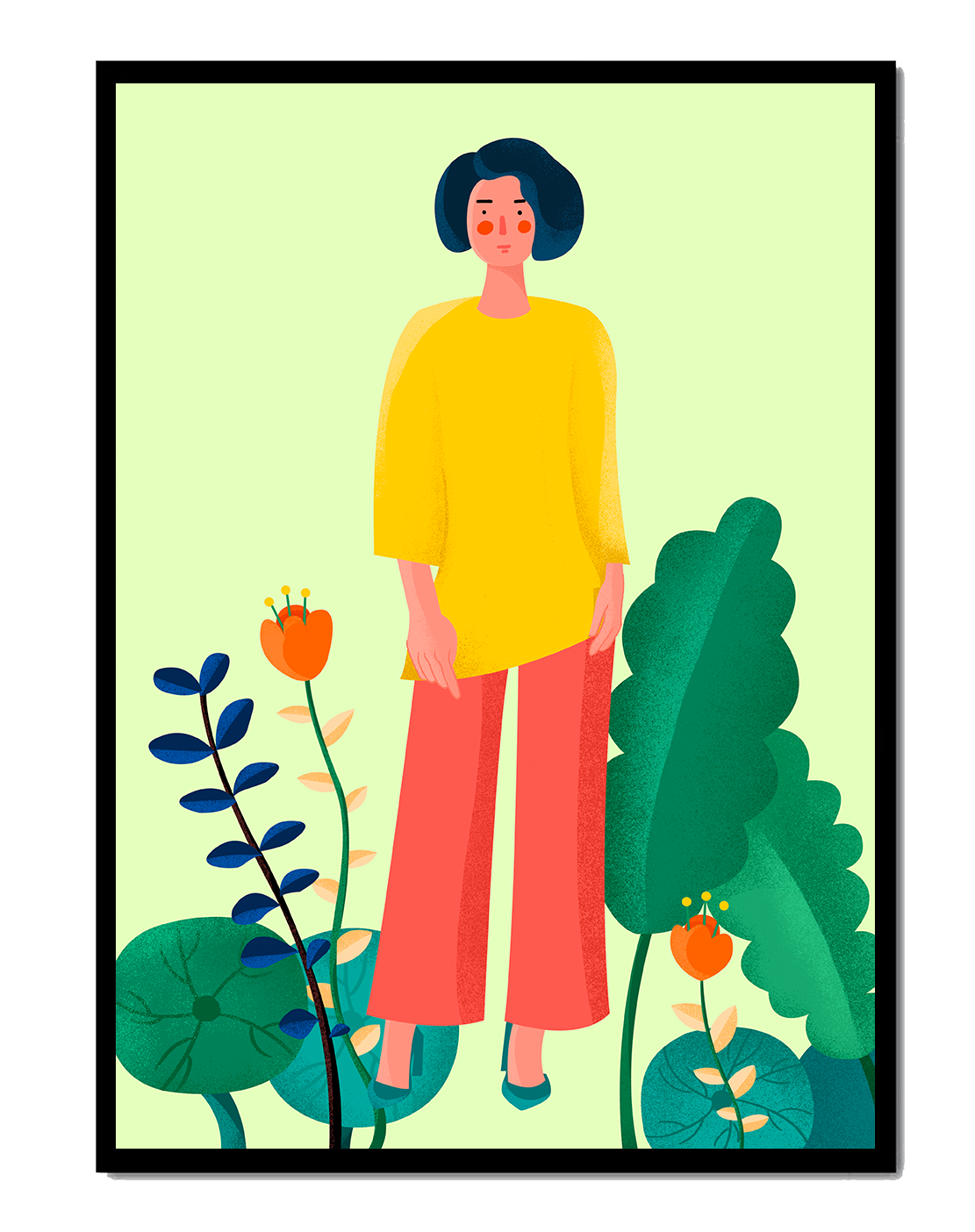 Illustration of a woman standing among colorful plants in a vibrant setting